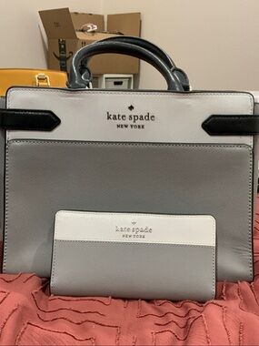 kate spade Two-Tone Gray, White & Black Structured Satchel & Wallet Set
